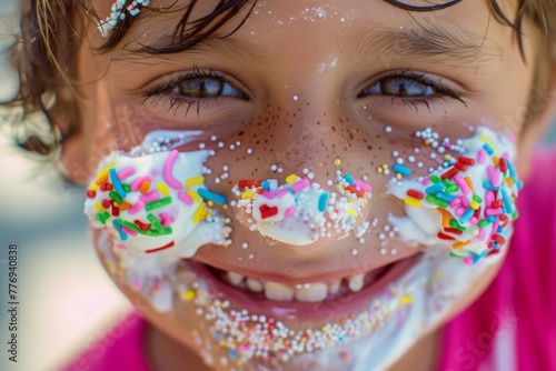 A close-up of ice cream smeared across a smiling childs face