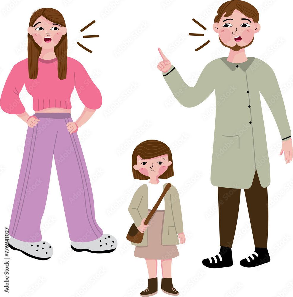 Vector illustration of parents fiercely arguing with a sad child covering ears and appearing distressed, portraying a family disagreement Vector illustration of parents fiercely arguing with a sad child covering ears and appearing distressed, portraying a family disagreement