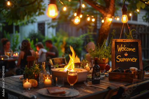 Outdoor summer evening gathering with warm lights