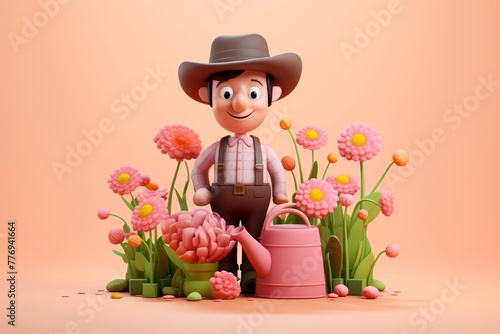 A 3D character creation of a gardener with a straw hat and watering can, surrounded by blooming flowers, against a gentle solid pastel pink backdrop, ideal for gardening tips or floral-themed photo