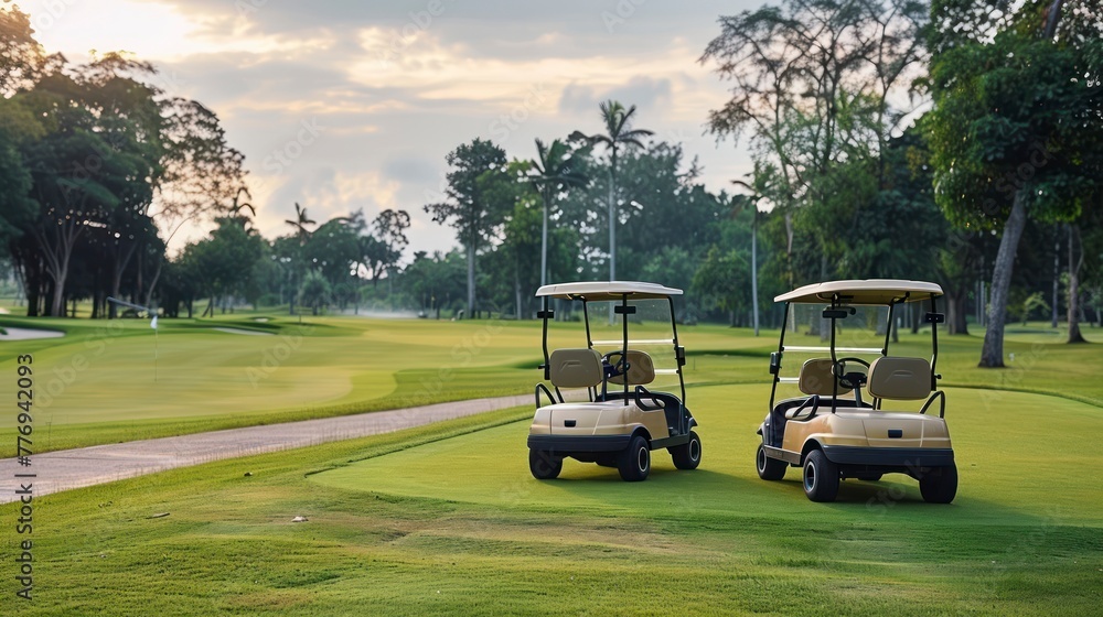 Two Golf Carts Rest on a Beautiful Green, Symbolizing a Day of Leisure and Sport
