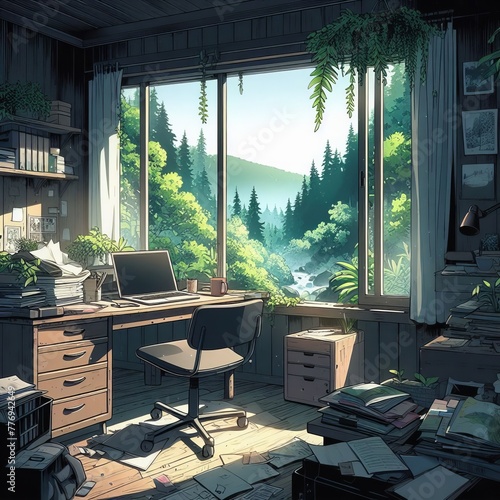 A lofi anime style illustration of an empty interior. The room is filled with piles of books and drawings, . The large window in the background reveals a breathtaking view of a dense forest  photo
