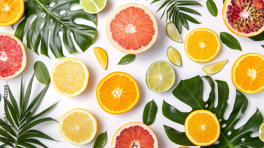 This top view flat lay features a carefully curated pattern of sliced fruits and tropical green leaves, isolated against a white background, embodying the essence of summer in a bright This top view flat lay features a carefully curated pattern of sliced fruits and tropical green leaves, isolated against a white background, embodying the essence of summer in a bright