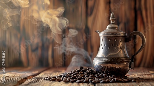 Arabic Coffee Pot with Wood Background photo