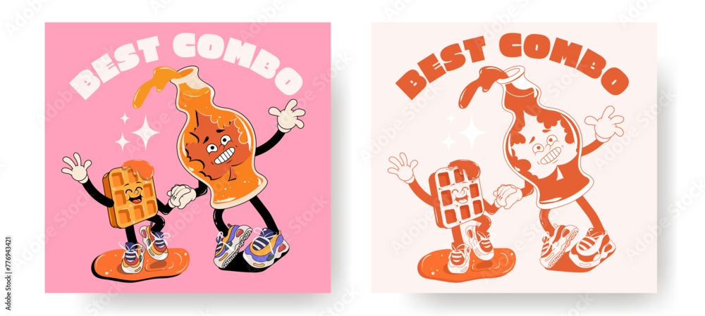 Set of fast food retro posters or cards with walking funny cute comic characters 60s-70s. Lettering illustration for t-shirt print. Mascots for restaurant. Waffles maple syrup, monochrome red palette Set of fast food retro posters or cards with walking funny cute comic characters 60s-70s. Lettering illustration for t-shirt print. Mascots for restaurant. Waffles maple syrup, monochrome red palette