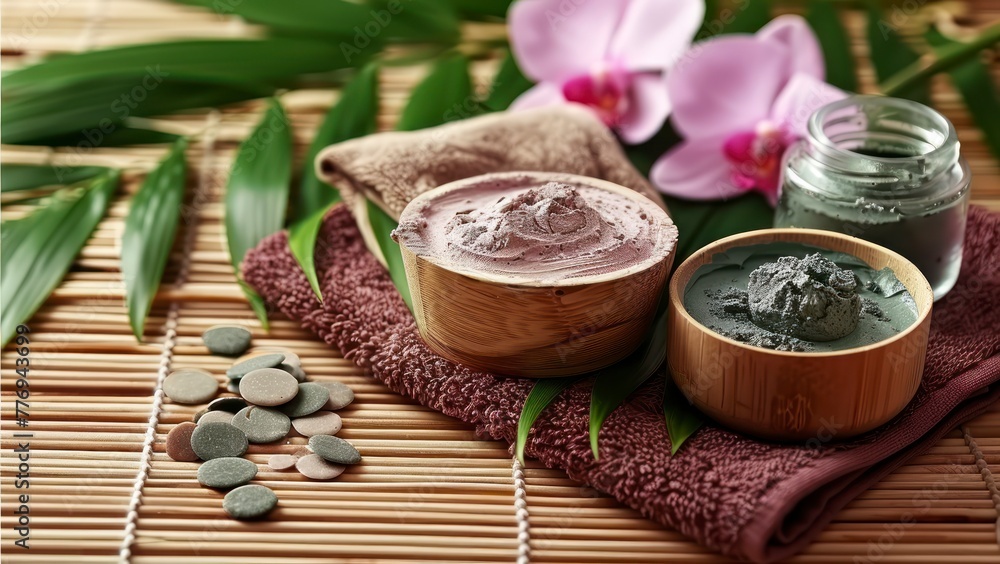 Exquisite Spa Clay Arranged on a Bamboo Mat, Inviting Tranquility with Its Earthy Composition Exquisite Spa Clay Arranged on a Bamboo Mat, Inviting Tranquility with Its Earthy Composition