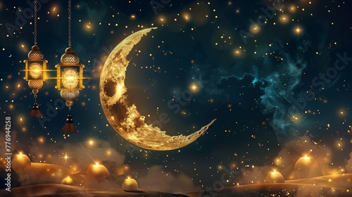 Golden Moon and Lantern Ramadan Kareem Illustration. 2024 Concept