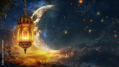Golden Moon and Lantern Ramadan Kareem Illustration. 2024 Concept © Orxan