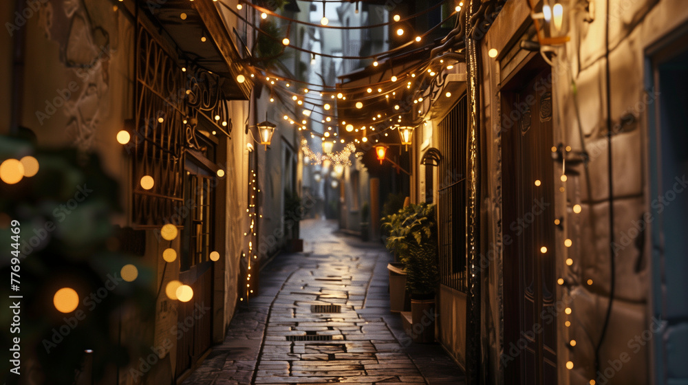 Charming Alley with String Lights at Night, Romantic Vintage Setting