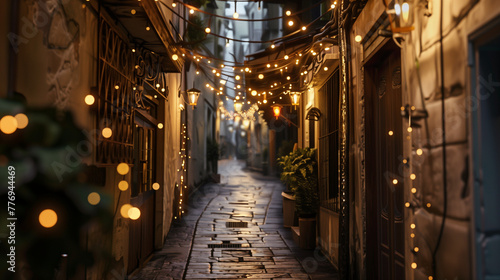 Charming Alley with String Lights at Night, Romantic Vintage Setting