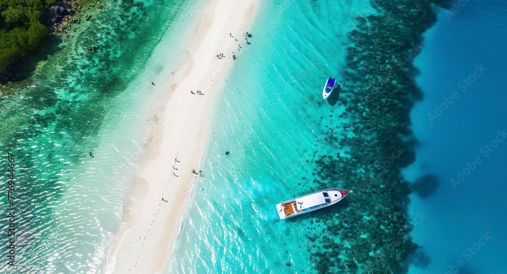 A Bird's-Eye View of a Glistening White Beach and a Lone Speed Boat, Inviting Summer Vacation Dreams