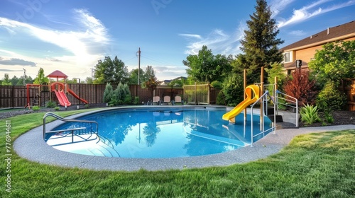 A Fenced Backyard Paradise Featuring a Small, Beautiful Swimming Pool and a Vibrant Playground