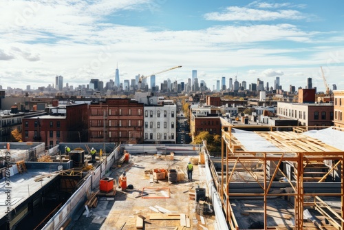 The Rooftop view of the city construction site, an unidentified worker in a construction site in the city, AI generated