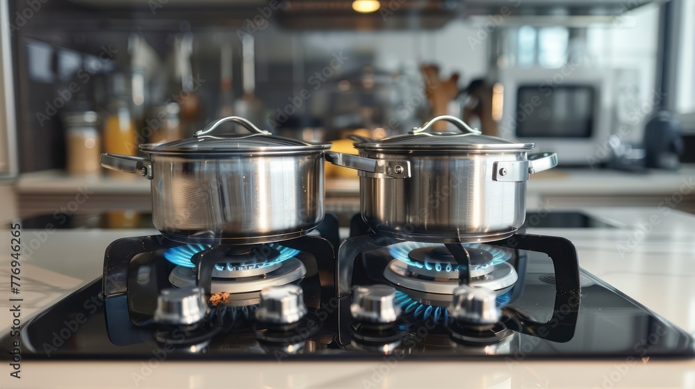 Culinary Creation - Pot on the gas Stove and Cooking in Kitchen Culinary Creation - Pot on the gas Stove and Cooking in Kitchen