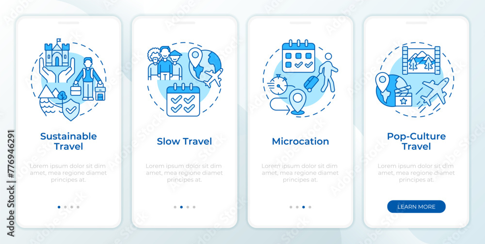 Travel trends blue onboarding mobile app screen. Tourism walkthrough 4 steps editable graphic instructions with linear concepts. UI, UX, GUI template. Montserrat SemiBold, Regular fonts used