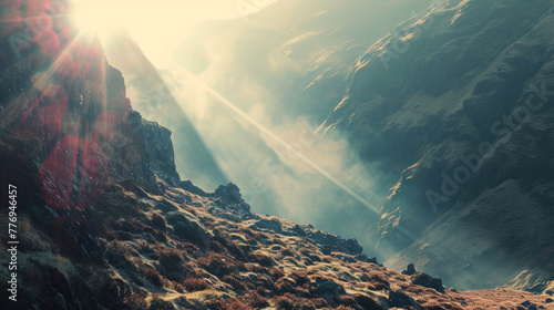 Mountains appear elongated and distorted, resembling the visual effect of an anamorphic lens flare used in photography photo