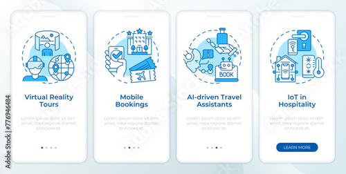 Technology in traveling blue onboarding mobile app screen. Walkthrough 4 steps editable graphic instructions with linear concepts. UI, UX, GUI template. Montserrat SemiBold, Regular fonts used