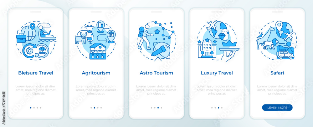 Niche tourism blue onboarding mobile app screen. Travel trends walkthrough 5 steps editable graphic instructions with linear concepts. UI, UX, GUI template. Montserrat SemiBold, Regular fonts used