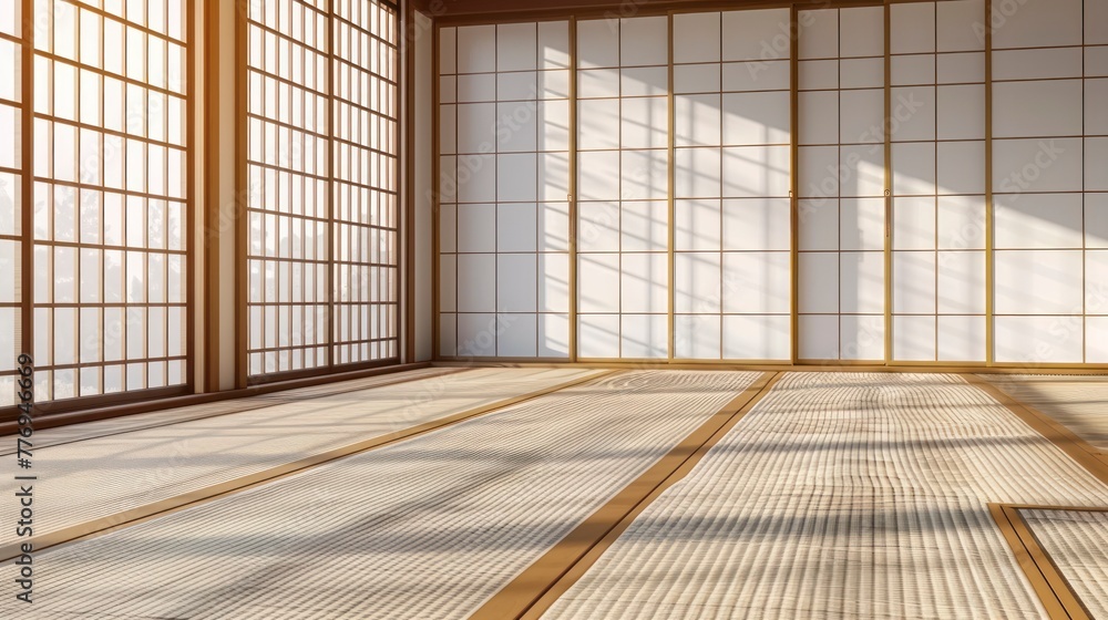 An Empty Japanese-Style Room Bathed in Sunlight, with Tatami Mat Flooring and Wood Shoji Windows Casting Shadows on Pristine Walls An Empty Japanese-Style Room Bathed in Sunlight, with Tatami Mat Flooring and Wood Shoji Windows Casting Shadows on Pristine Walls
