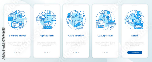 Niche tourism blue onboarding mobile app screen. Travel trends walkthrough 5 steps editable graphic instructions with linear concepts. UI, UX, GUI template. Montserrat SemiBold, Regular fonts used
