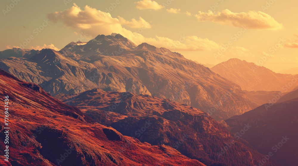 Mountains captured as if through a vintage red filter, with peaceful expressions