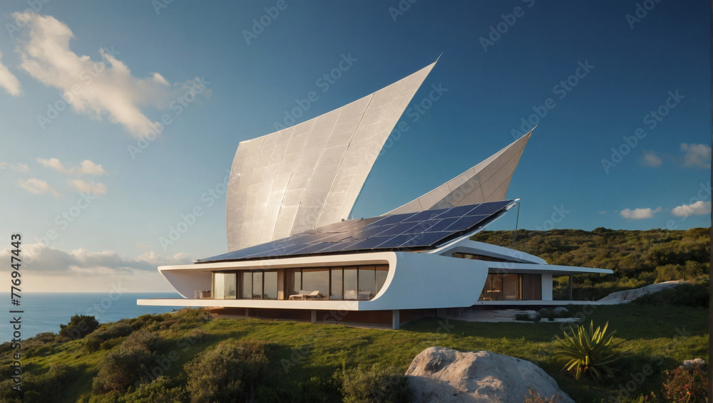 Image showcasing Coastal eco-villa with solar sails billowing above its curved roofline ...