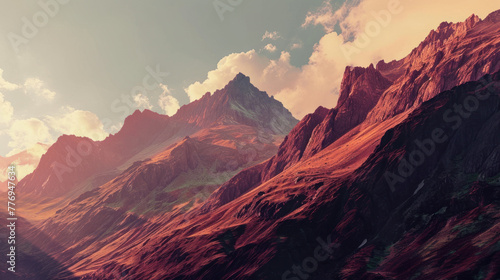 Reddish mountains reminiscent of old film imagery, with peaceful expressions photo