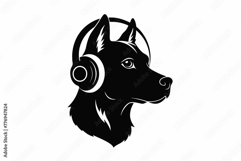 Dog head with headphones silhouette black artwork illustration