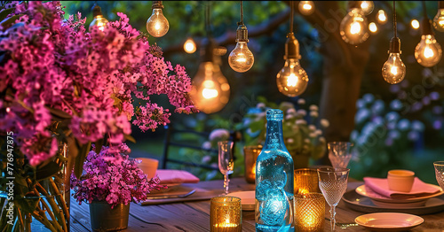 Enchanting garden dinner party with string lights at dusk
