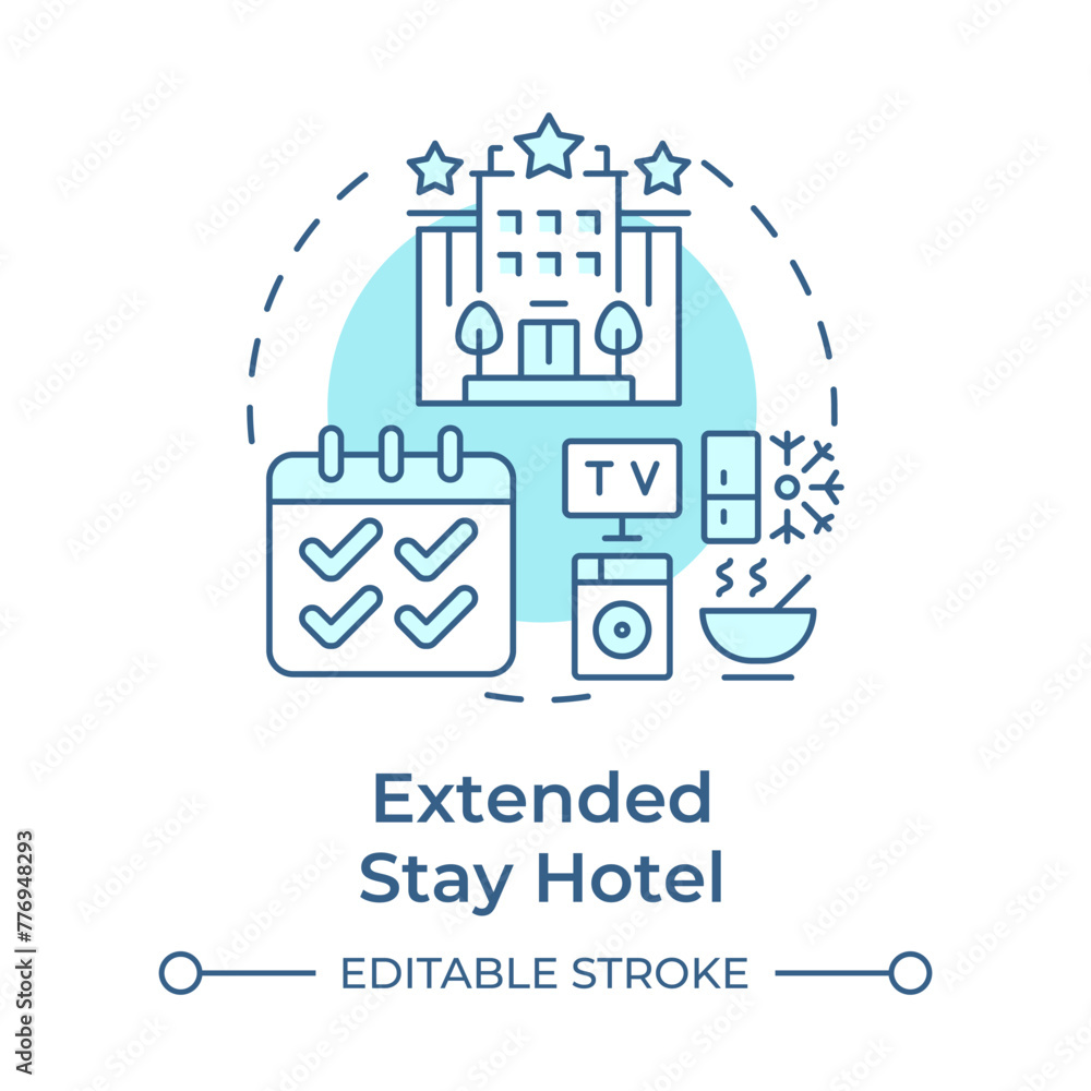 Extended stay hotel soft blue concept icon. Long term accommodation. Travel trend. Hotel booking. Round shape line illustration. Abstract idea. Graphic design. Easy to use in blog post
