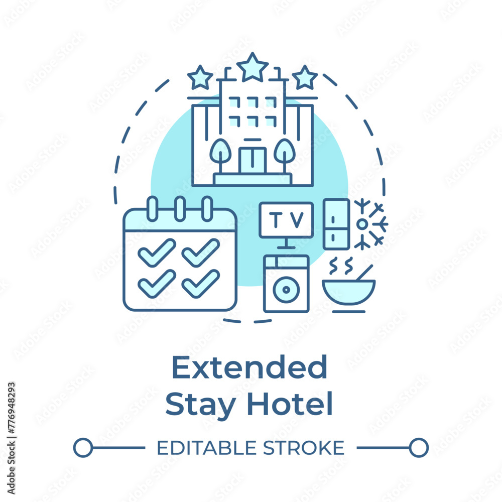 Extended stay hotel soft blue concept icon. Long term accommodation. Travel trend. Hotel booking. Round shape line illustration. Abstract idea. Graphic design. Easy to use in blog post Extended stay hotel soft blue concept icon. Long term accommodation. Travel trend. Hotel booking. Round shape line illustration. Abstract idea. Graphic design. Easy to use in blog post