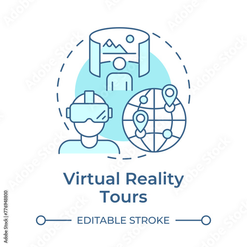 Virtual reality tours soft blue concept icon. Technology integration in travelling. VR experience. Round shape line illustration. Abstract idea. Graphic design. Easy to use in blog post