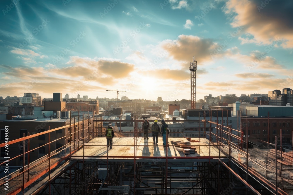 The Rooftop view of the city construction site, an unidentified worker in a construction site in the city, AI generated