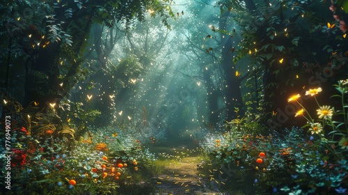 A mystical forest path illuminated by fireflies, leading to an enchanted garden filled with colorful flowers and magical creatures © wanna