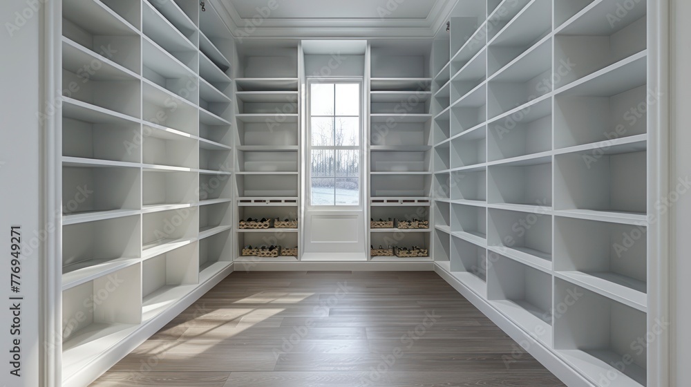 A Neatly Designed Pantry Interior, Where Stark White Shelves Complement the Richness of Dark Wood Flooring