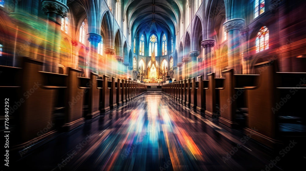 glass blurred catholic church interior