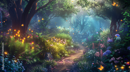A mystical forest path illuminated by fireflies, leading to an enchanted garden filled with colorful flowers and magical creatures