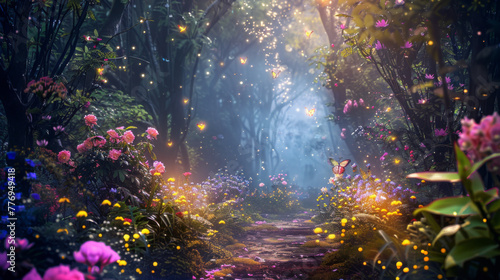 A mystical forest path illuminated by fireflies  leading to an enchanted garden filled with colorful flowers and magical creatures
