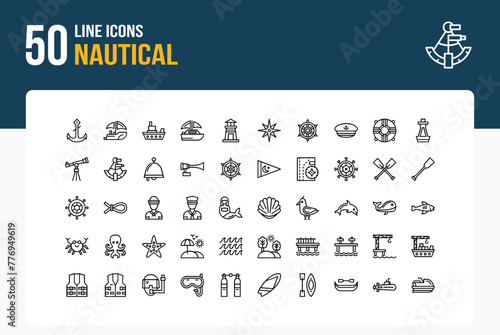 Set of 50 Nautical icons related to Anchor, Boat, Sailboat, Ship Line Icon collection