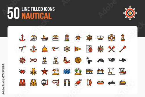 Set of 50 Nautical icons related to Anchor, Boat, Sailboat, Ship Line Filled Icon collection