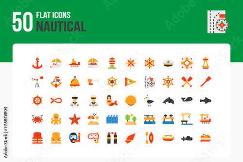 Set of 50 Nautical icons related to Anchor, Boat, Sailboat, Ship Flat Icon collection