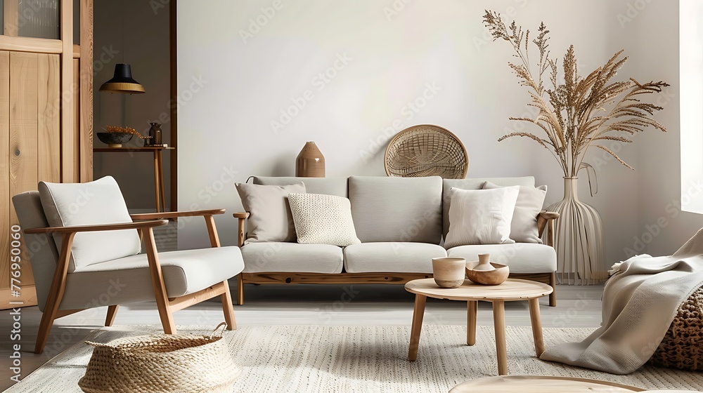 Fototapeta premium Scandinavian interior design living room with gray and beige colored furniture and wooden elements