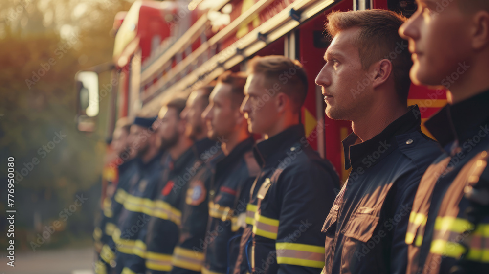 Firefighters standing in formation with blurred faces, in front of a fire truck during golden hour Firefighters standing in formation with blurred faces, in front of a fire truck during golden hour