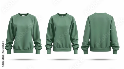 Template of a women's sweatshirt of green color (front, side and back views). White background 