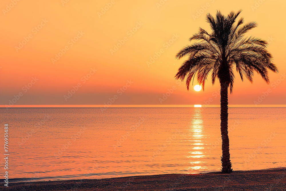 Sunset with palm tree silhouette on the beach