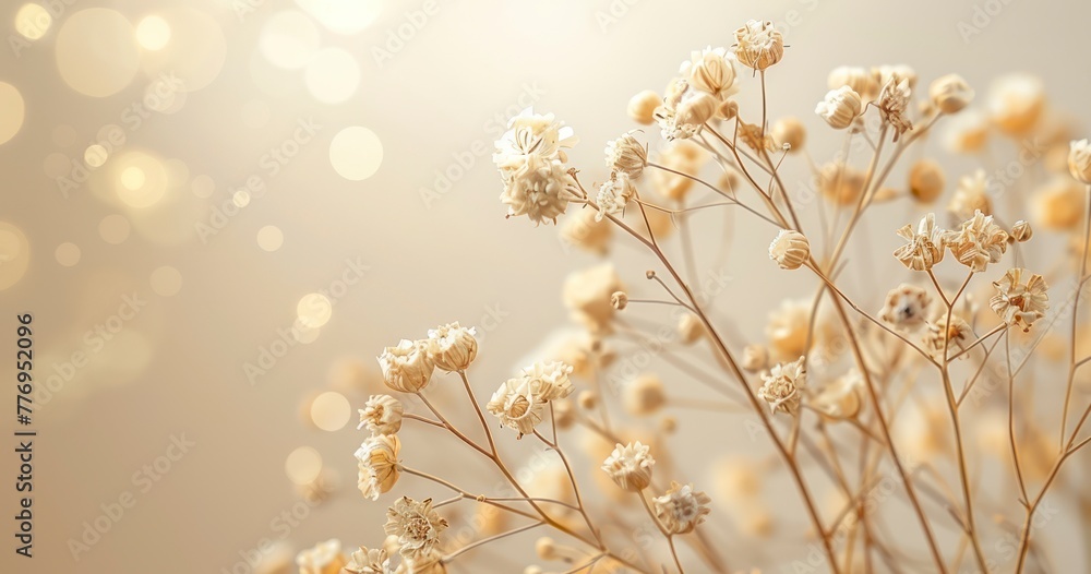 Dried Flowers in a Minimalistic Design, Their Delicate Forms Enhanced by a Beige Blur with copy space