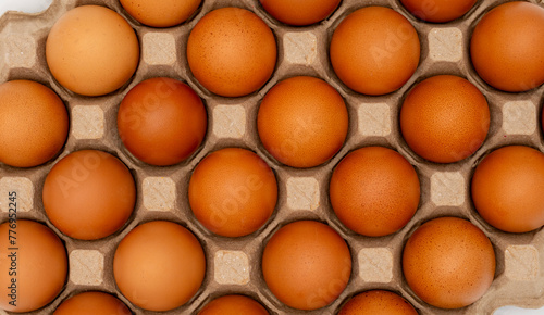 top view of eggs raw in a carton box on white background. fresh chicken eggs