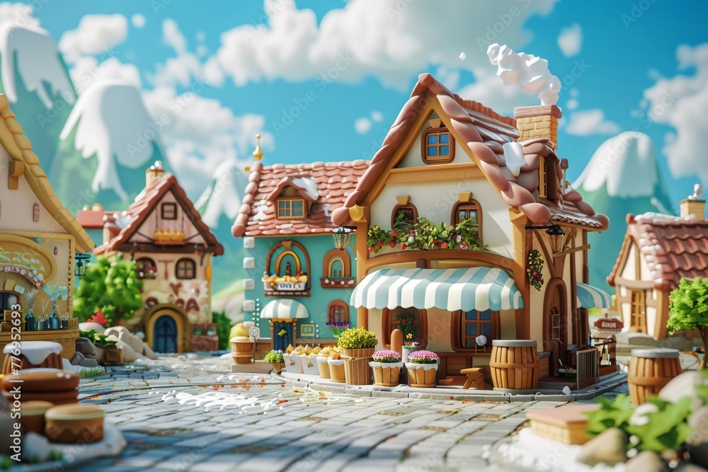 3d render of bakery village, Digital 3D, game art, blender style, props, concept art, cute, CUTE character