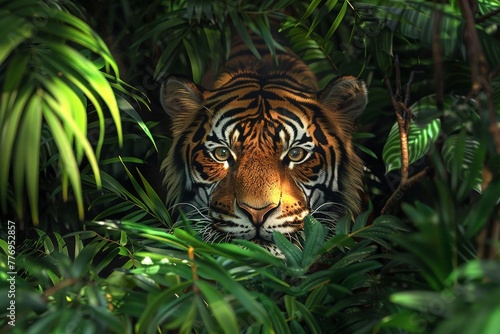 A 3D jungle depth where hidden tiger eyes peer through lush foliage bringing the wild to life