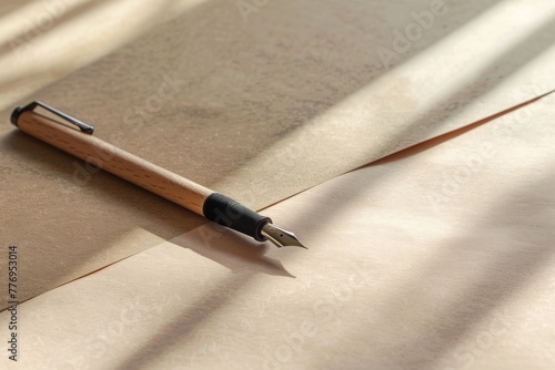 A fountain pen lies on the desk, empty space.